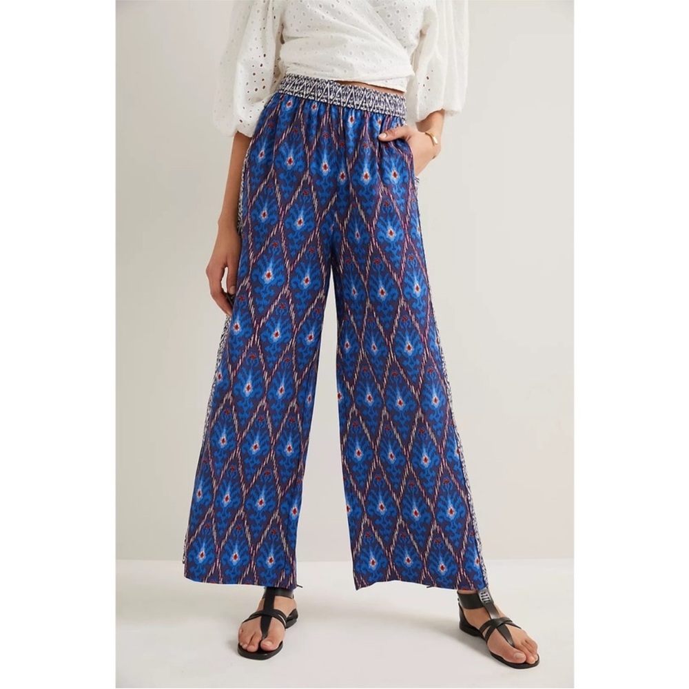 Anthropologie Value Blue Aztec Printed Wide Leg Pull On Pants‎ Sz M